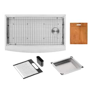 Workstation 36 in. Farmhouse Apron 16G Single Bowl Stainless Steel Kitchen Sink w/ Integrated Ledge- 15mm Tight Radius