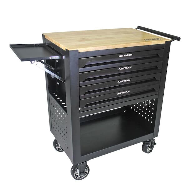 17.9 in. W 4 Drawer Black Rolling Tool Cabinet with Lock, 4 Wheels Tool Carts with Workbench, Push Rod, Tray and Shelf