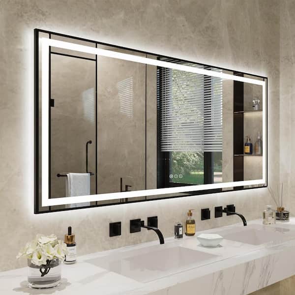 KIOTEE 72 in. W. x 36 in. H Rectangular Framed Front and Back LED Lighted Anti-Fog Wall Bathroom Vanity Mirror Tempered Glass
