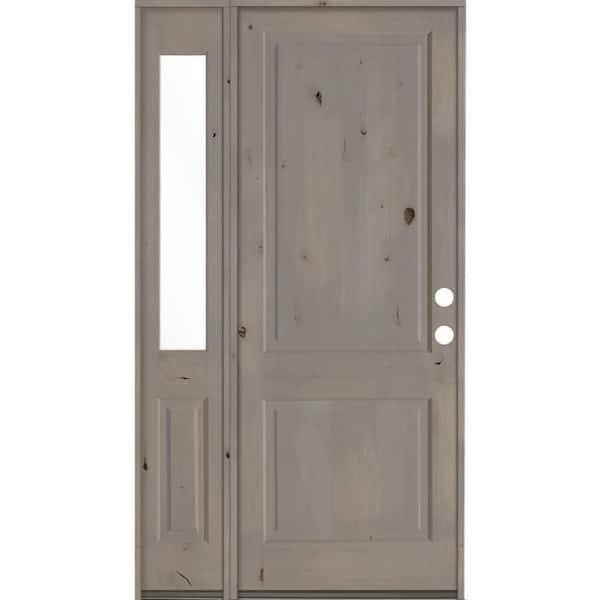 Krosswood Doors 46 in. x 96 in. Rustic knotty alder 2-Panel Sidelite Left-Hand/Inswing Clear Glass Grey Stain Wood Prehung Front Door