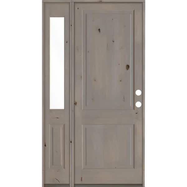 Krosswood Doors 56 in. x 96 in. Rustic knotty alder 2-Panel Sidelite Left-Hand/Inswing Clear Glass Grey Stain Wood Prehung Front Door