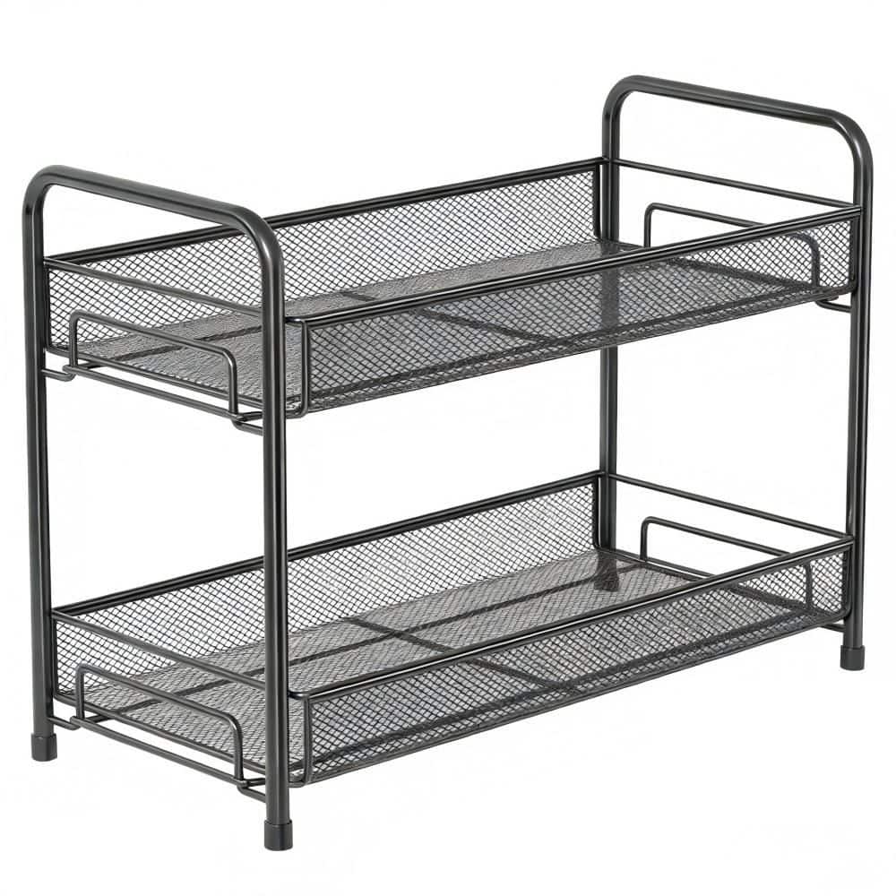 2-Tier Countertop Use Tiered Spice Rack Organizer, Foldable Metal Rust-Proof Standing Seasoning Storage Shelf, in Black