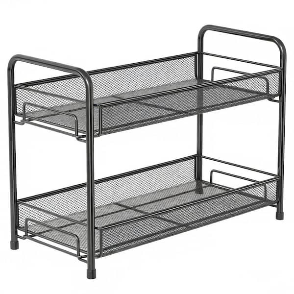 2-Tier Countertop Use Tiered Spice Rack Organizer, Foldable Metal Rust-Proof Standing Seasoning Storage Shelf, in Black
