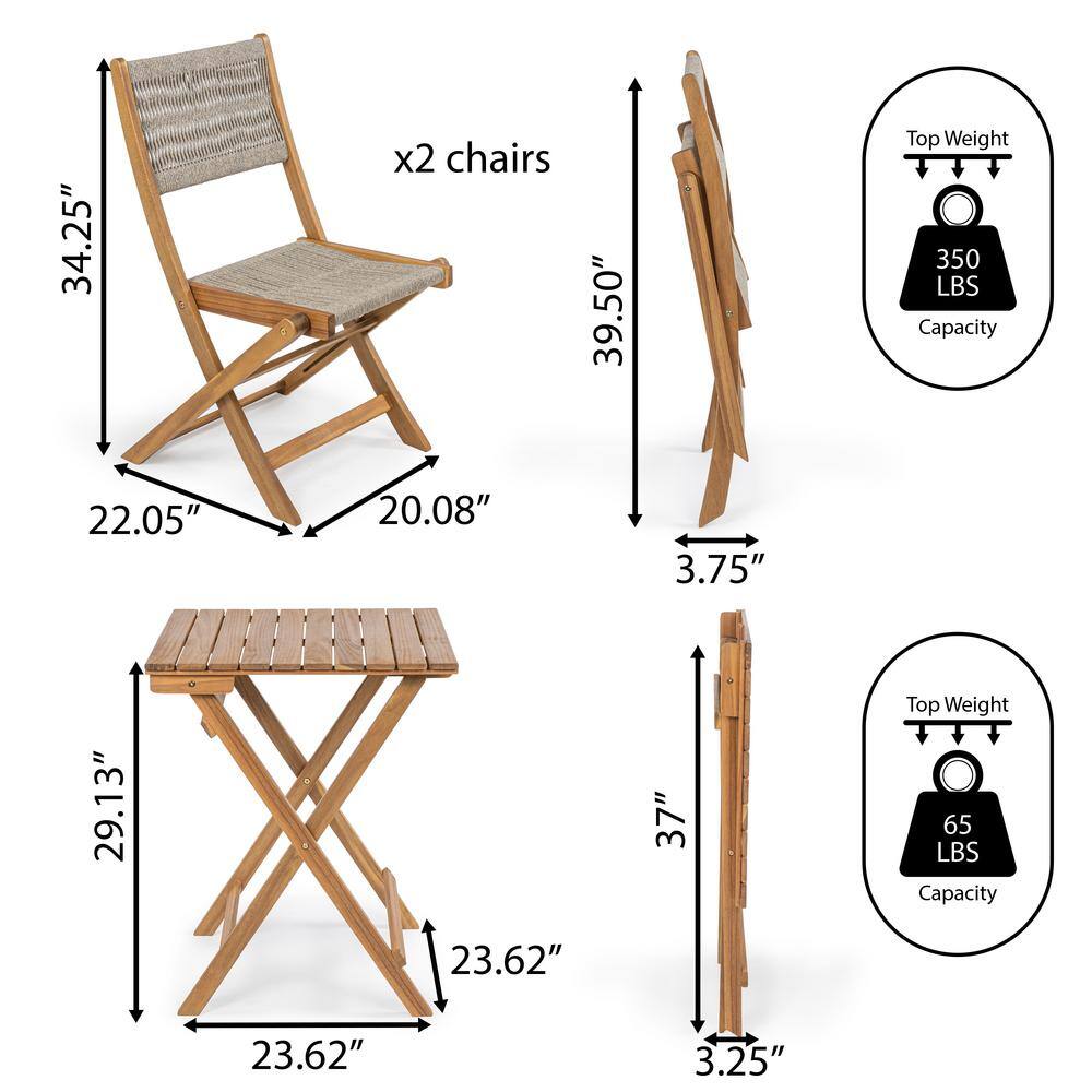 Beige and Teak Brown Acacia Wood Outdoor Folding Bistro Set