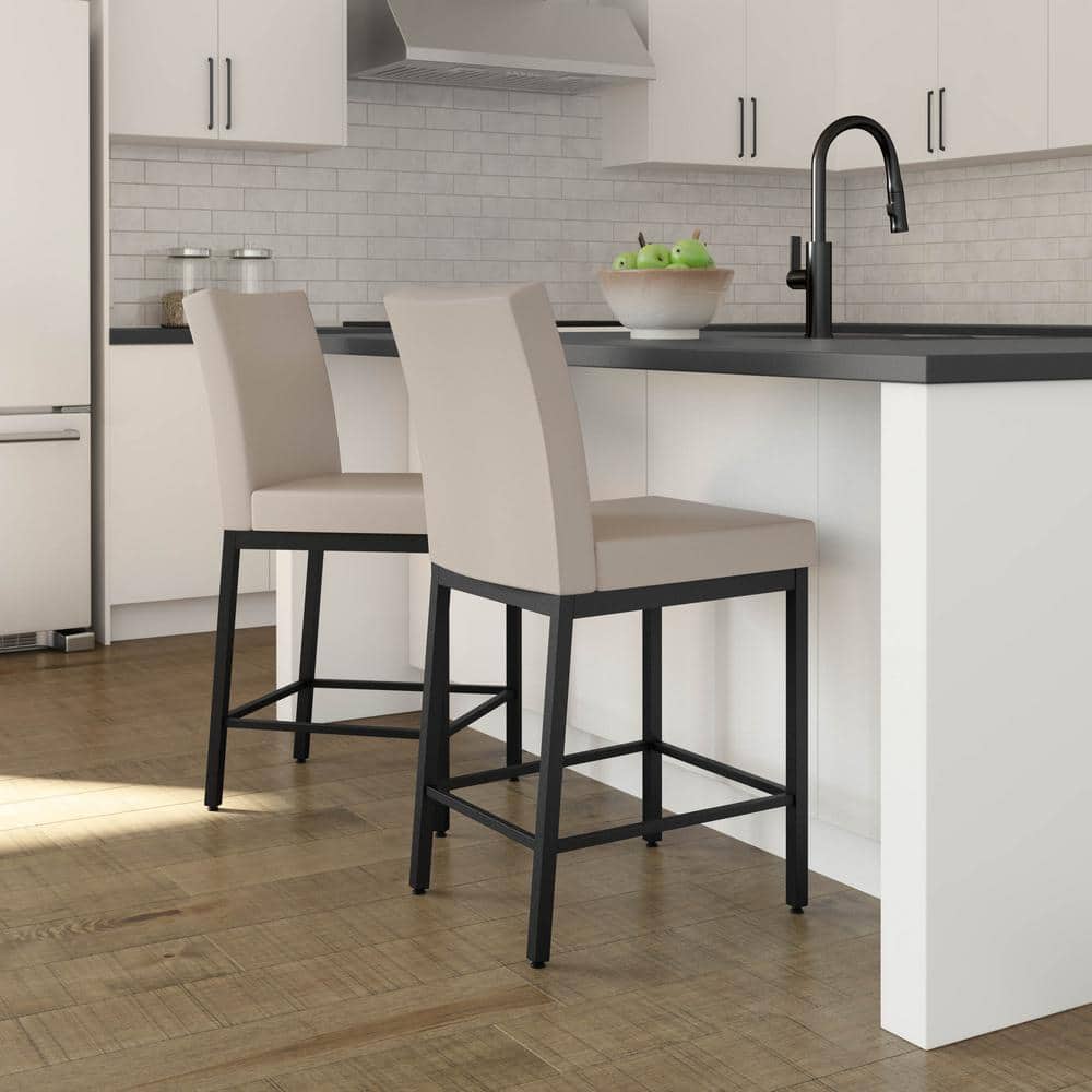 Cream Faux Leather and Black Metal Bar Stool, 30" Height