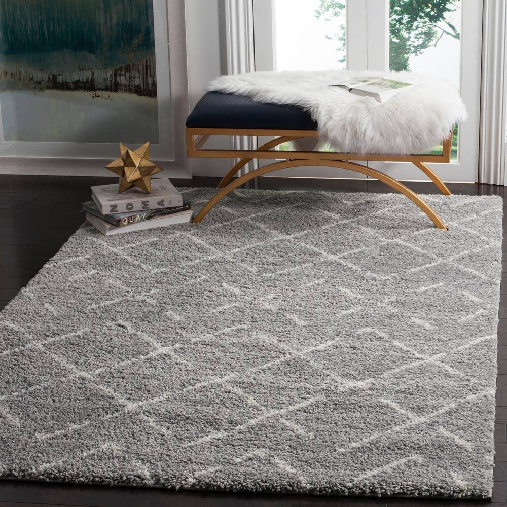 Grey and Ivory Geometric Shag 4' x 6' Area Rug