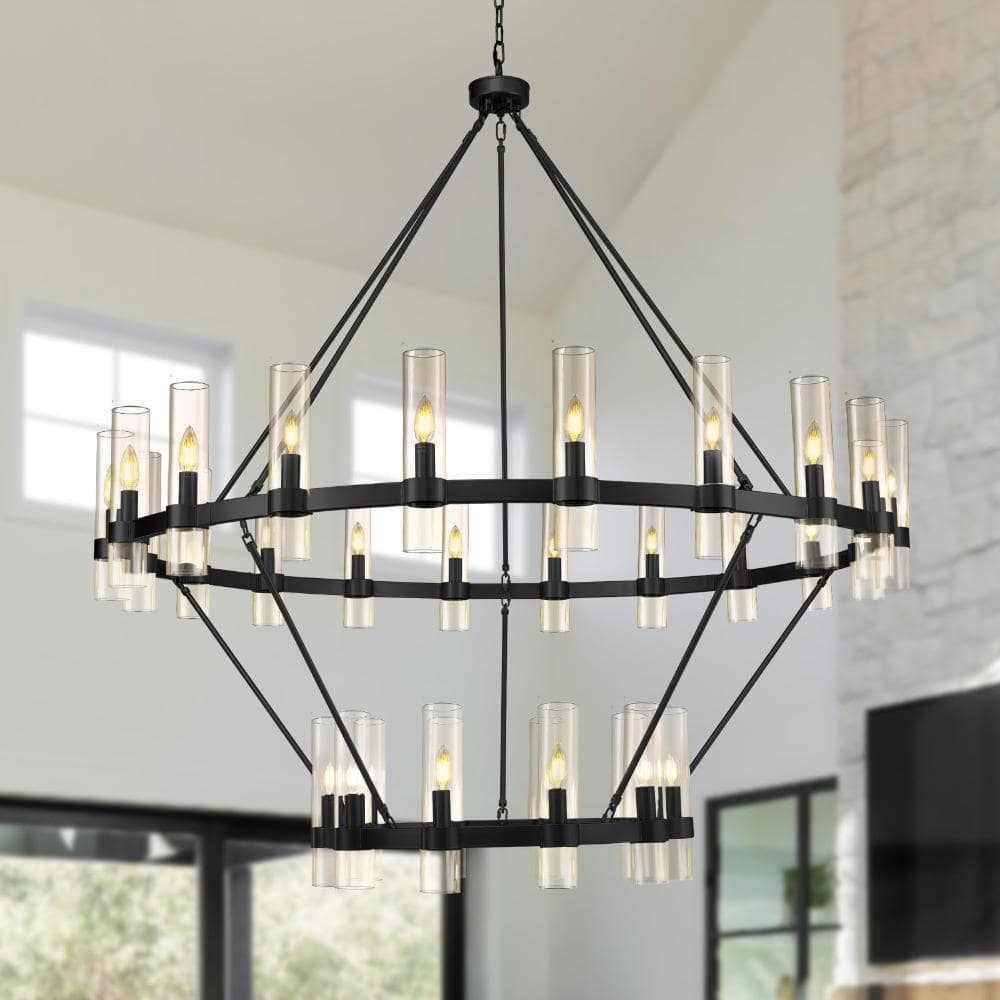 60 in. 30-Light Dimmable Black 2-Tier Wagon Wheel Kitchen Island Chandelier with Glass Tube Shade for Living Room price history on PriceWatchPro