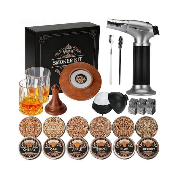 Whiskey Smoker Kit with Torch, 6 Flavors Wood Chips, 2 Glasses for Home Bar (No Butane)