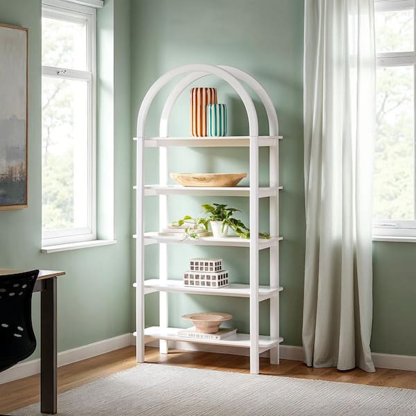 Zoey 72 in. Tall White MDF/Solid Pine Wood 5 Shelf Arched Modern Bookcase