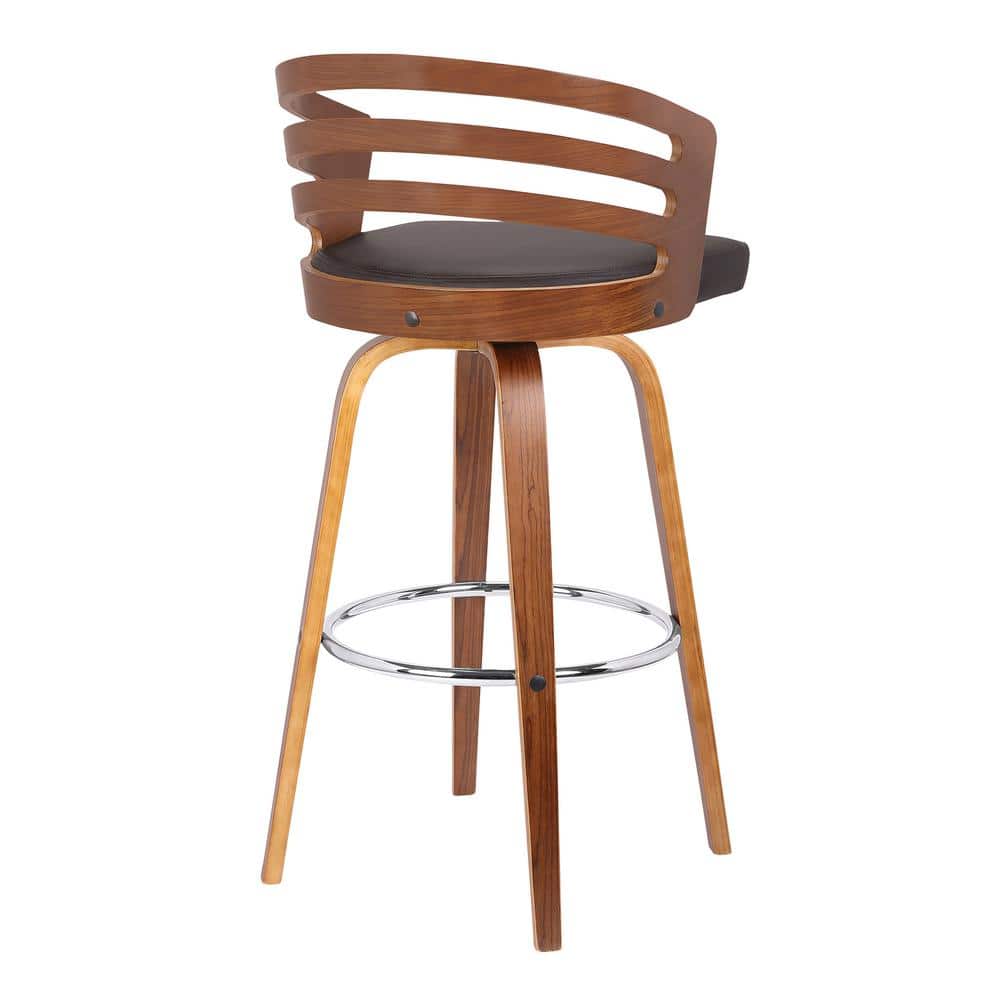 Mid-Century Walnut Swivel Stool with Brown Faux Leather