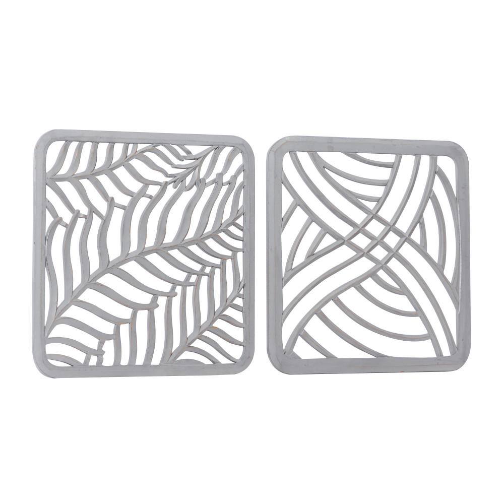 Gray Hand-Carved Abstract Wood Wall Panels, Set of 2