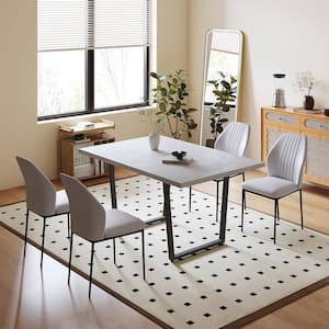 5-Piece Rectangle Gray MDF Table Top Dining Room Set Seating 4 with White Chairs