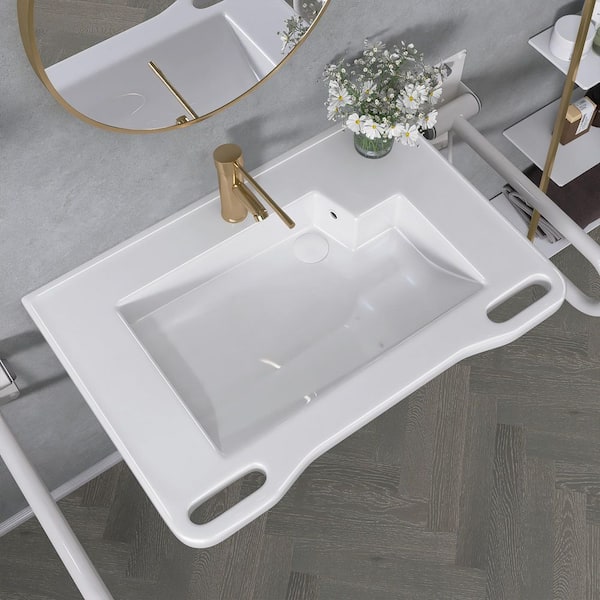 31.5 in Wall-Mounted ADA Compliant Barrier-Free Rectangular Bathroom Sink Lavatory Vessel Ceramic Sink in Glossy White