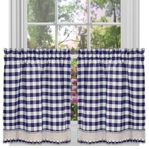 Buffalo Check Navy Polyester/Cotton Light Filtering Rod Pocket Curtain Tier Pair 58 in. W x 24 in. L