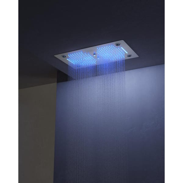 6-Spray 16 in. x 28 in. Dual Shower Head LED Ceiling Mount Fixed and Handheld Shower Head in Brushed Nickel