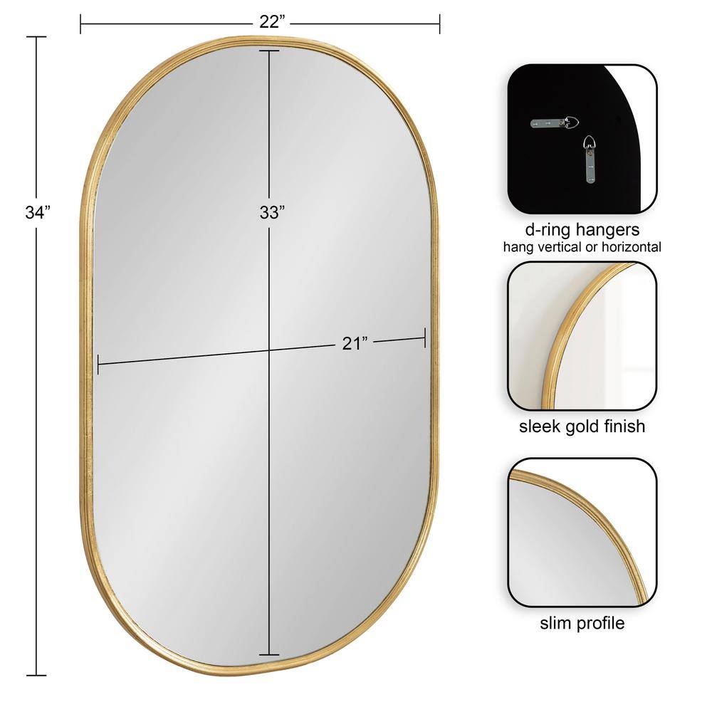 Gold Oval Glass Wall Mirror with Thin Frame, 34" x 22"