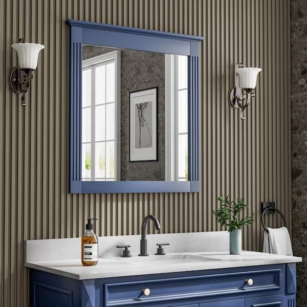 32 in. W x 33 in. H Rectangular Solid Wood Framed Wall Mounted Waterproof Bathroom Vanity Mirror in Navy Blue,Easy Hang
