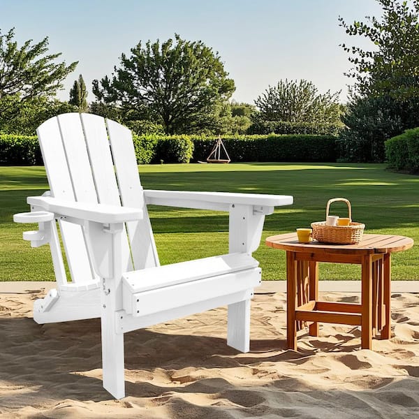 JEAREY Weather Resistant Plastic HDPE Outdoor Patio Folding Adjustable Adirondack Chair with Cup Holder in White