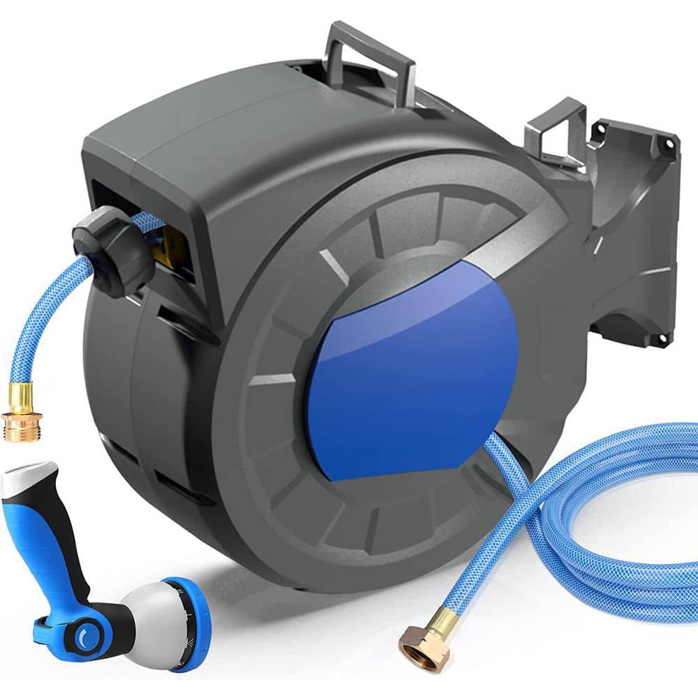 1Set Wall/Floor Mounted Hose Reel Blue With Hose Adapter For