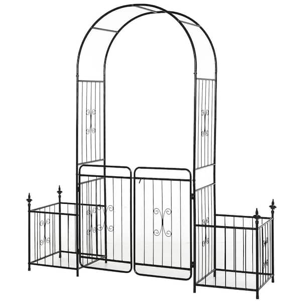 86 in. Garden Arbor Arch Gate with Trellis Sides, Locking Doors, Planter Baskets, Black Wedding Decoration