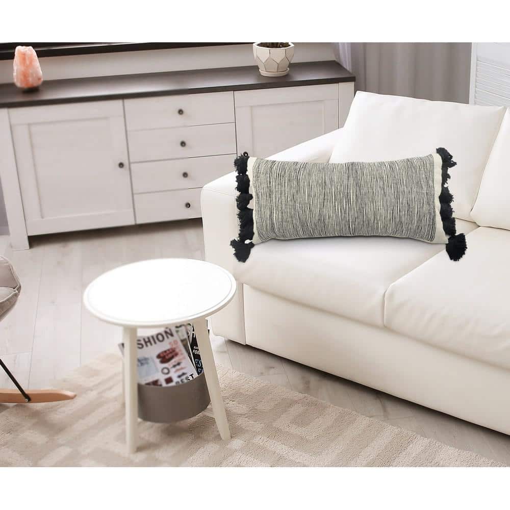 Distressed Gray and Black Rectangular Fringe Pillow