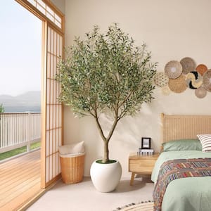 8 ft. Artificial Olive Tree with Large White Planter, Faux Olive Silk Tree for Indoor Outdoor Home Decor