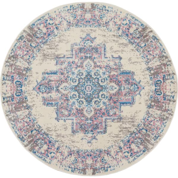 Nourison Grafix Ivory/Pink 5 ft. x 5 ft. Persian Medallion Transitional Round Rug