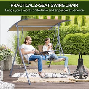 2-Person Porch Swing with Stand, Outdoor Swing with Canopy, Pivot Storage Table, 2 Cup Holders
