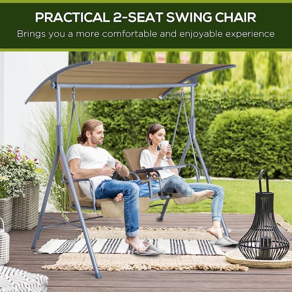 2-Person Porch Swing with Stand, Outdoor Swing with Canopy, Pivot Storage Table, 2 Cup Holders