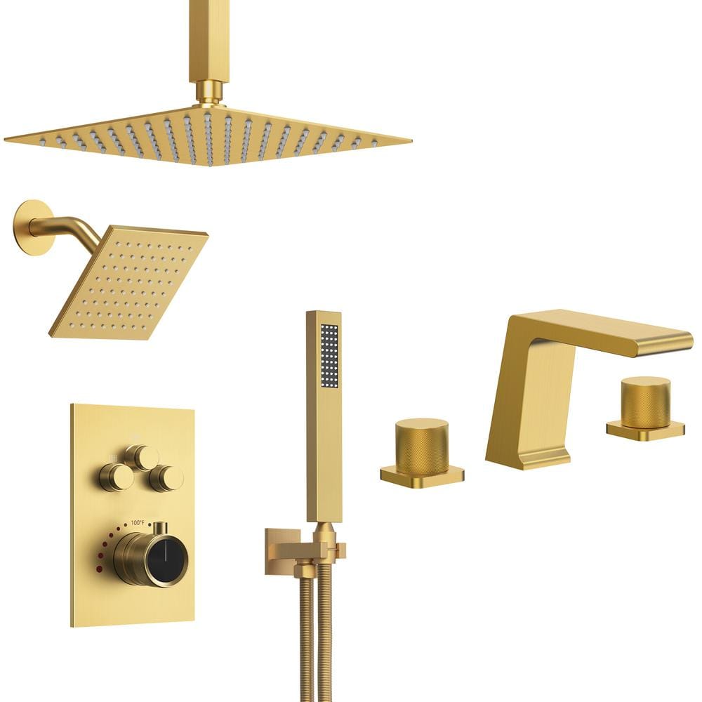 7-Spray Patterns 12 and 6 in. Ceiling Mount Fixed and Handheld Shower Head in Brushed Gold with Bathroom Faucet price history on PriceWatchPro