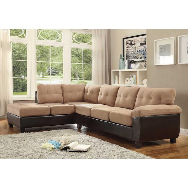 Passion Furniture Gallant 111 in. W 2-Piece Faux Leather and Microfiber L Shape Sectional Sofa in Mocha