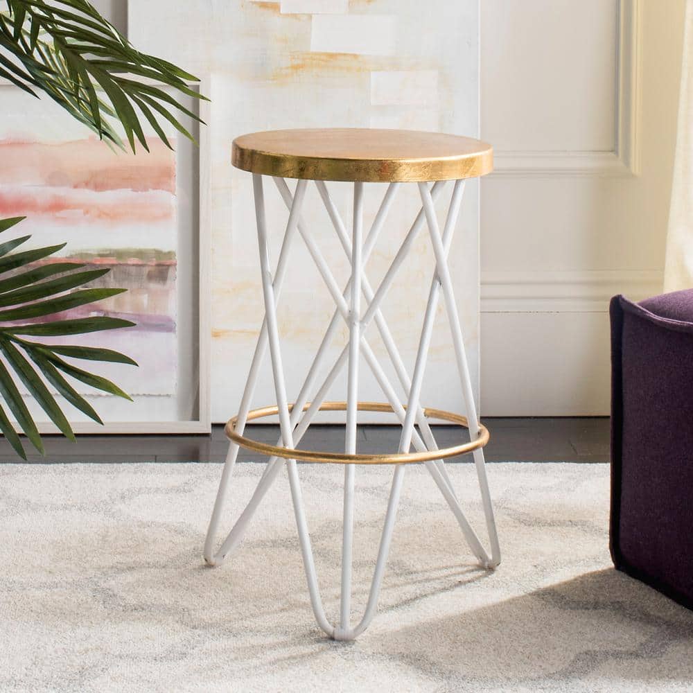 White and Gold Leaf Mid-Century Modern Counter Stool