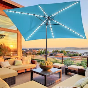 LED 10 ft. x 7 ft. Aluminum Frame Market Solar Rectangle Patio Umbrella in Lake Blue, With a Crank and Tilt Button