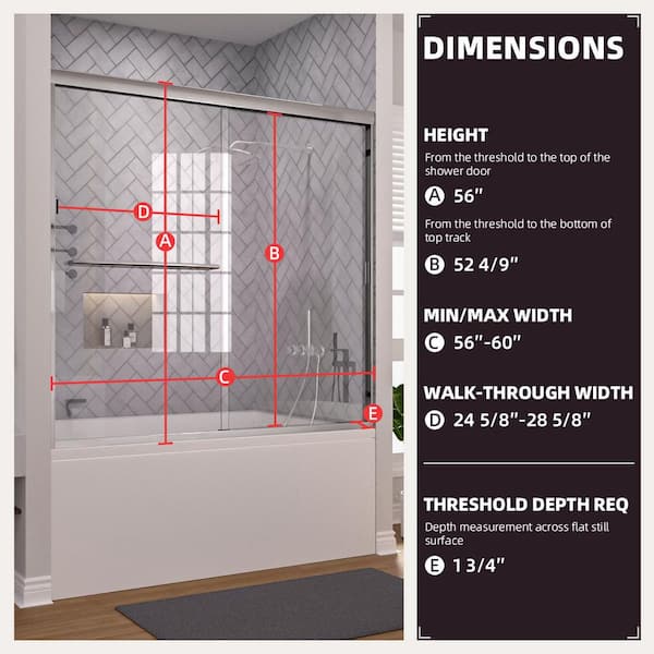 Breeze 60 in. W x 56 in. H Sliding Semi Frameless Tub Door in Chrome Finish with Clear Glass