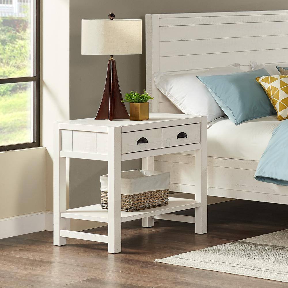Arden Driftwood White Pine 2-Drawer Nightstand with Open Shelf