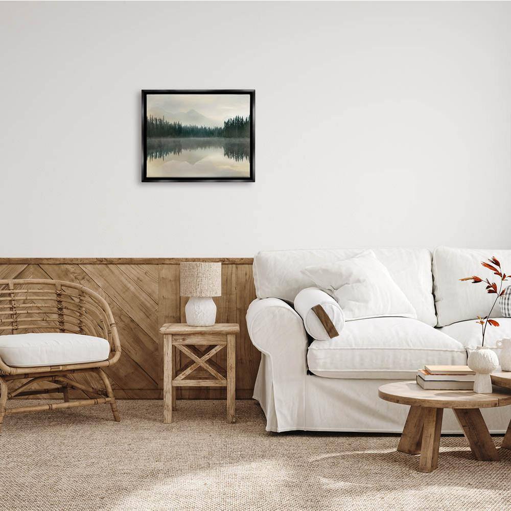 Foggy Lake Forest Landscape Green and Brown Framed Canvas Print, 21 x 17