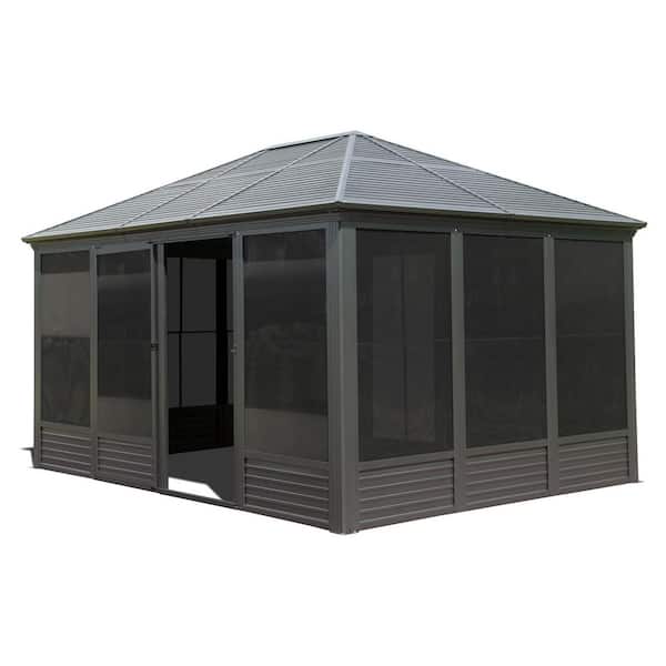 Giwi 14.6 ft. x 11.2 ft. Galvanized Steel Hardtop Gazebo Sloping Roof, Aluminum Solarium Screen House, Lockable Door
