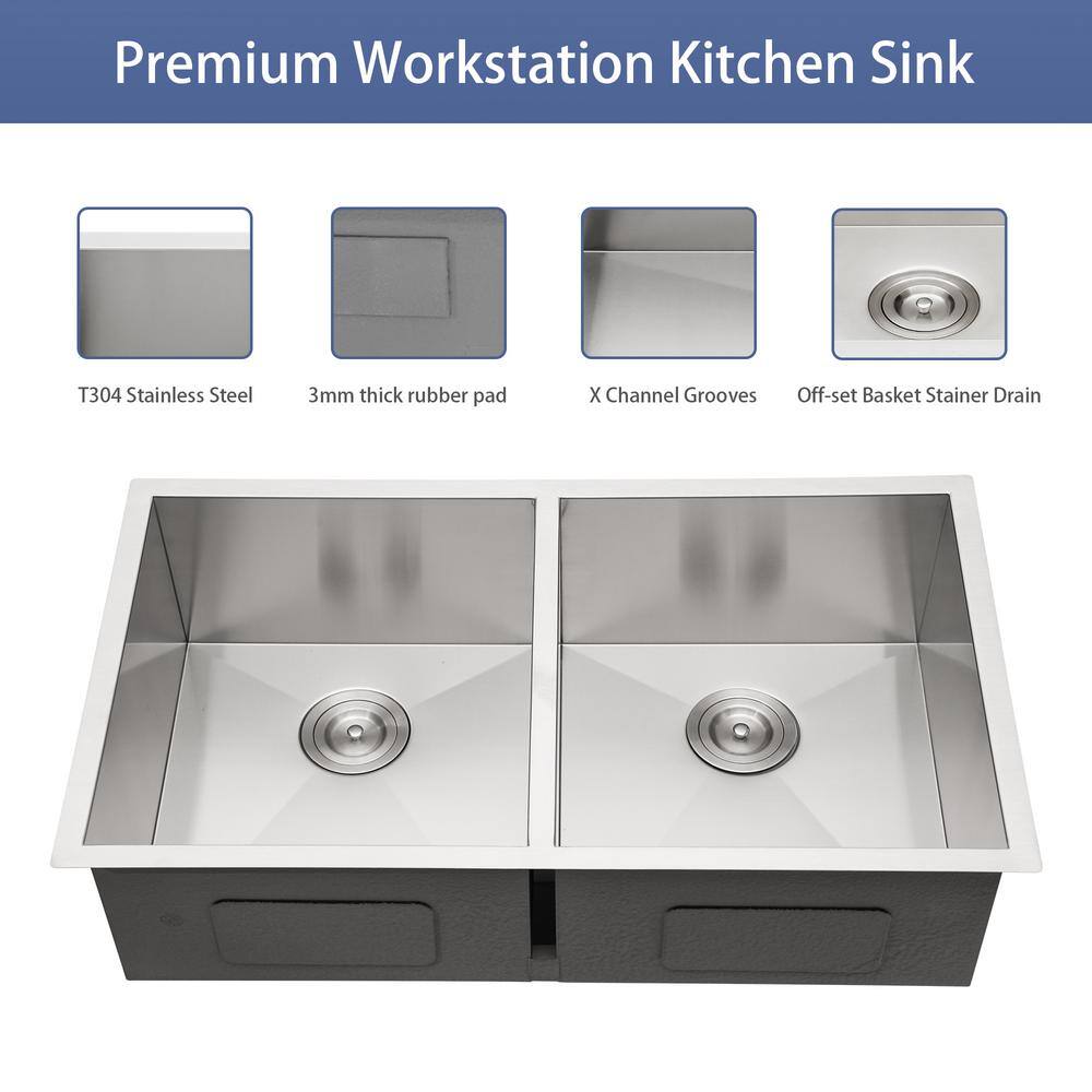 33'' Double Bowl Brushed Stainless Steel Undermount Kitchen Sink