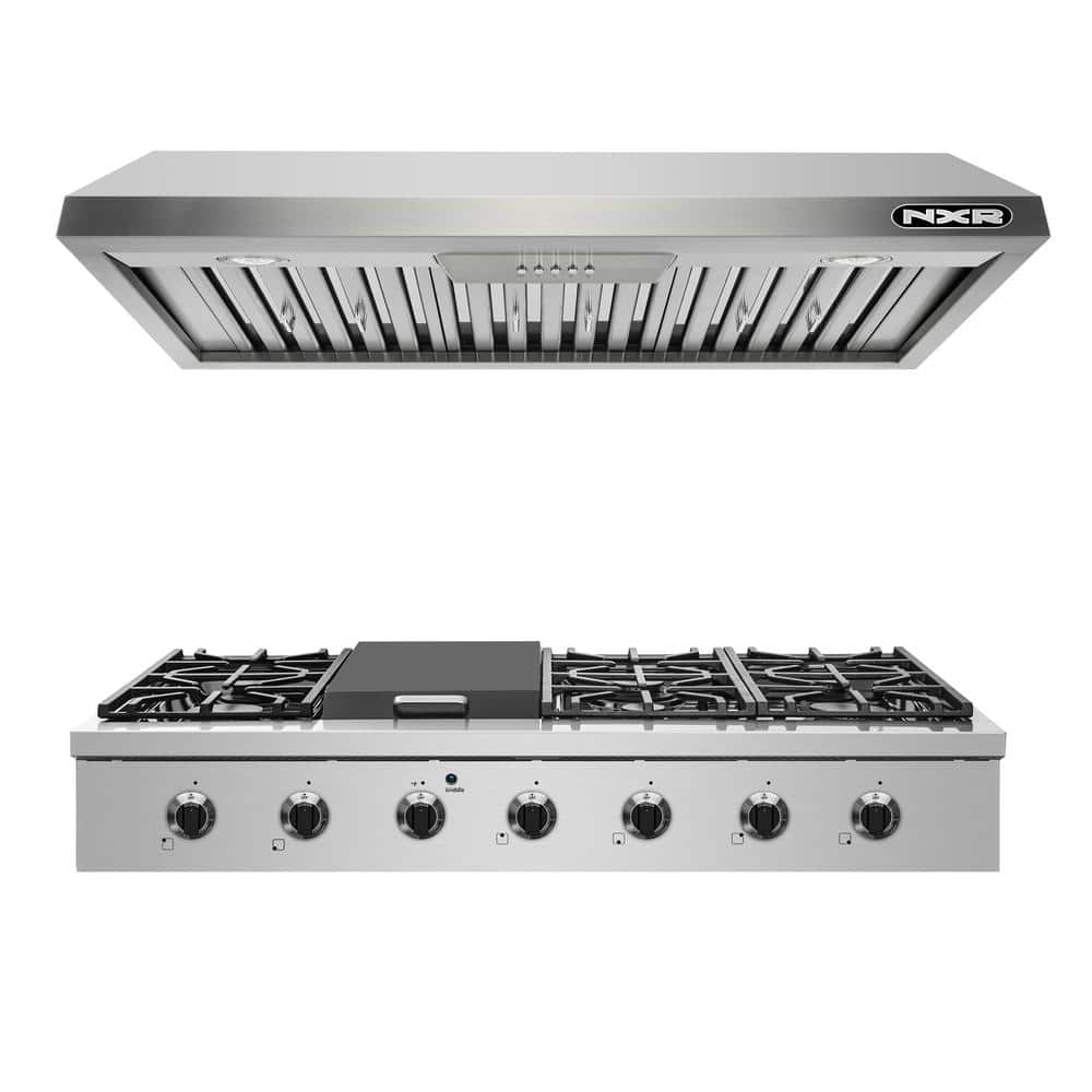 Entree Bundle 48 in. Pro-Style Gas Cooktop with 6 Burners, Griddle Burner and Range Hood in Stainless Steel and Black