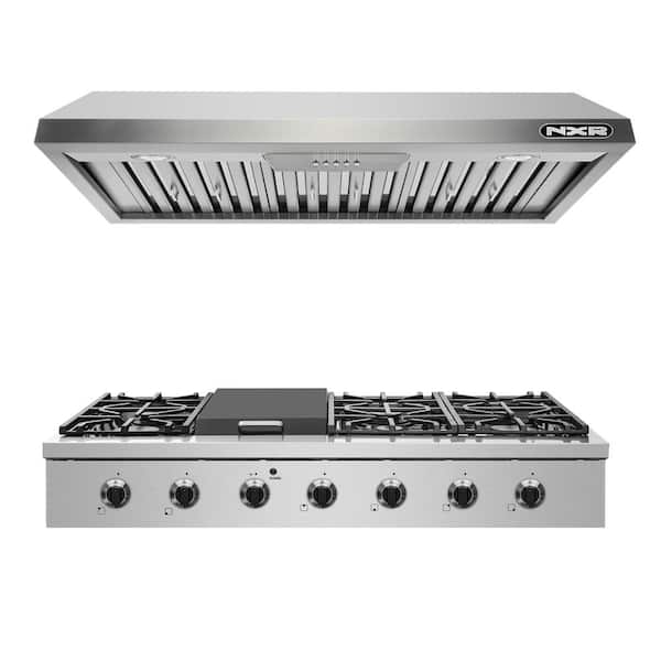 NXR Entree Bundle 48 in. Pro-Style Gas Cooktop with 6 Burners, Griddle Burner and Range Hood in Stainless Steel and Black