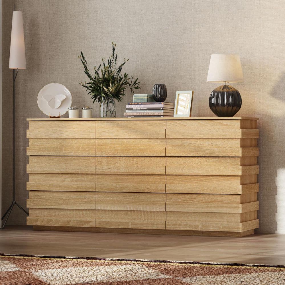 FUFU&GAGA Yellow Wood Grain 9 Drawers 78.7 in. W Chest of Drawers, Dresser, Storage Cabinet with Striking Ribbed Design FUFU&GAGA Yellow Wood Grain 9 Drawers 78.7 in. W Chest of Drawers, Dresser, Storage Cabinet with Striking Ribbed Design