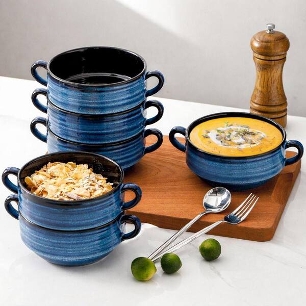 6-Piece Blue Ceramic Soup Bowls with Handles Microwave Dishwasher
