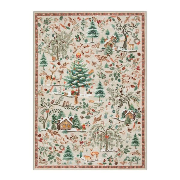 Christmas Woodland Forest Beige Trees Animals Snowflake Non-Slip 5 ft. x 7 ft. Living Room/Bedroom Indoor Area Rug