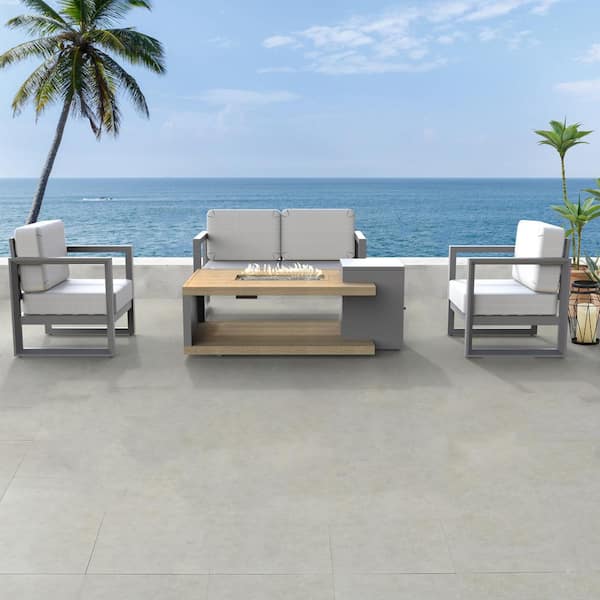 BALKENE HOME Marbon 4-Piece Aluminum Patio Conversation Set with White Cushions