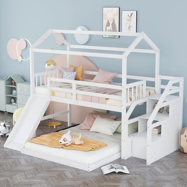 URTR White Twin over Full House Bunk Bed with Convertible Slide and Storage Staircase, Bunk Bed With Full-Length Guardrail