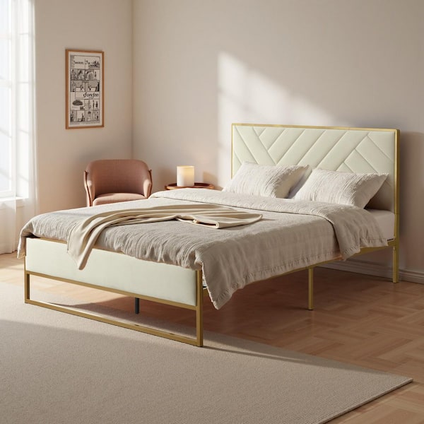 Cream White Frame Queen Size Velvet Platform Bed with 10 in. Under Bed Storage Supported by Metal and Wooden Slats