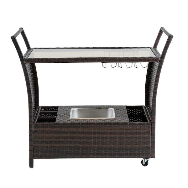 Unbranded Wicker Patio Outdoor Bistro Bar Counter Table, with Lockable Wheels and Ice Bucket, Wine Glass Holder