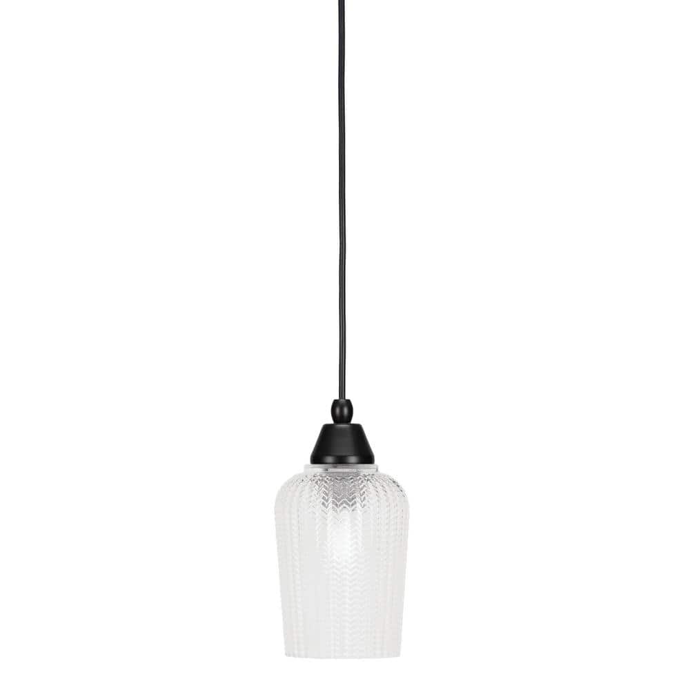 Bryson 5 in. 1-Light Matte Black Cord Pendant Light with 5 in. Clear Textur