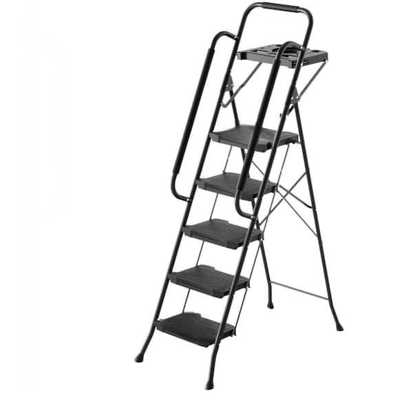 Reach 5 Step Sturdy Ladder with Tool Platform and Handrail, Folding Steel Ladder with Wide Non-Skid Pedal, Safety Metal