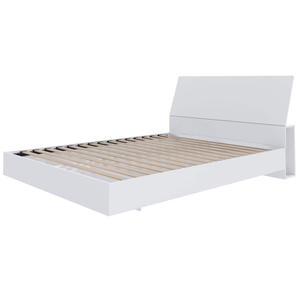 Paris Queen White Floating Platform Bed with Lateral Storage Headboard